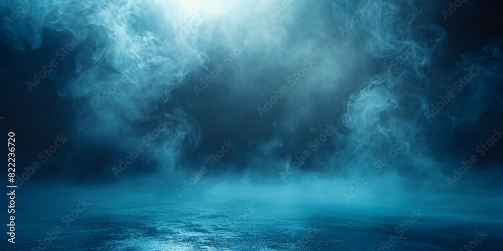 empty room with Dark blue background with smoke, empty stage for product presentation. Background of the floor studio room. empty dark stage dark blue abstract cement wall studio room with fog,