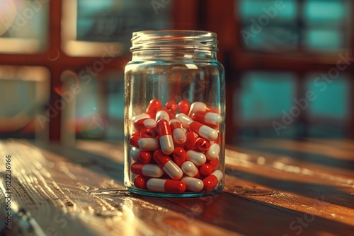 a jar of pills on a table