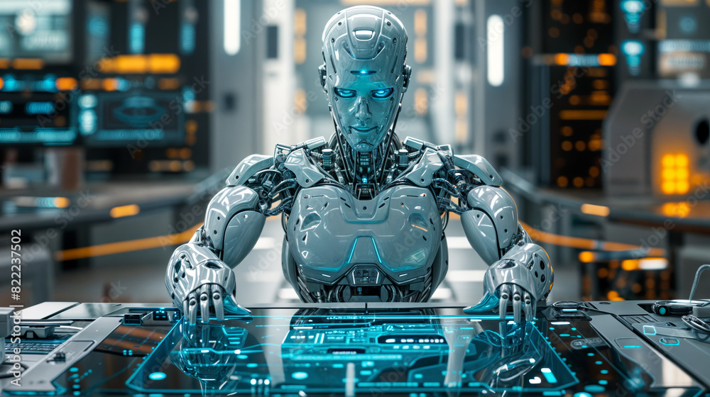 A humanoid robot interacts with a digital interface in a high-tech control room, symbolizing advanced technology, artificial intelligence, and the future of human-robot collaboration A humanoid robot interacts with a digital interface in a high-tech control room, symbolizing advanced technology, artificial intelligence, and the future of human-robot collaboration