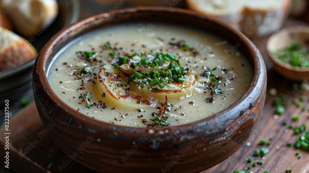 gourmet potato soup, creamy potato soup topped with truffle oil and parmesan cheese, elevating a classic dish with a luxurious touch