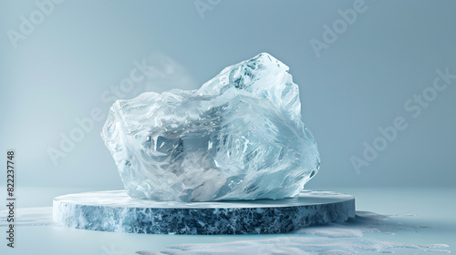 Crystal clear ice block on frosted surface photo