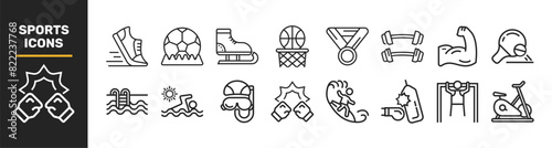 Set of 16 Sports line icons set. Sports outline icons with editable stroke collection. Includes Cricket, Football, Ping Pong, Baseball, E-Sports, and More.