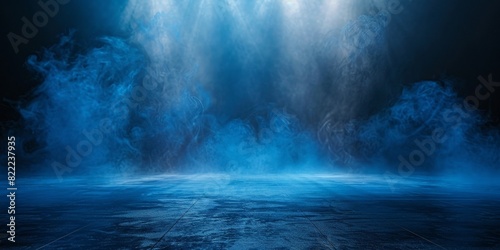 empty room with Dark blue background with smoke  empty stage for product presentation. Background of the floor studio room. empty dark stage dark blue abstract cement wall studio room with fog 