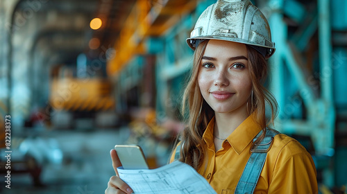 cute female engineer wearing white hardhat wearing yellow color dress inside a construction site and holding blue print drawings with mobile phone in hand 