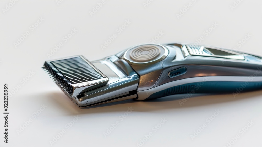 Advertising image of clippers shaving close to the scalp, isolated white background with studio lighting, showcasing versatility and precision cutting