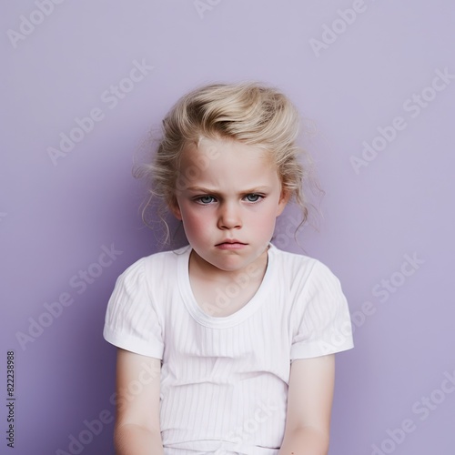 Lavender background sad European white child realistic person portrait of young beautiful bad mood expression child Isolated on Background depression anxiety 