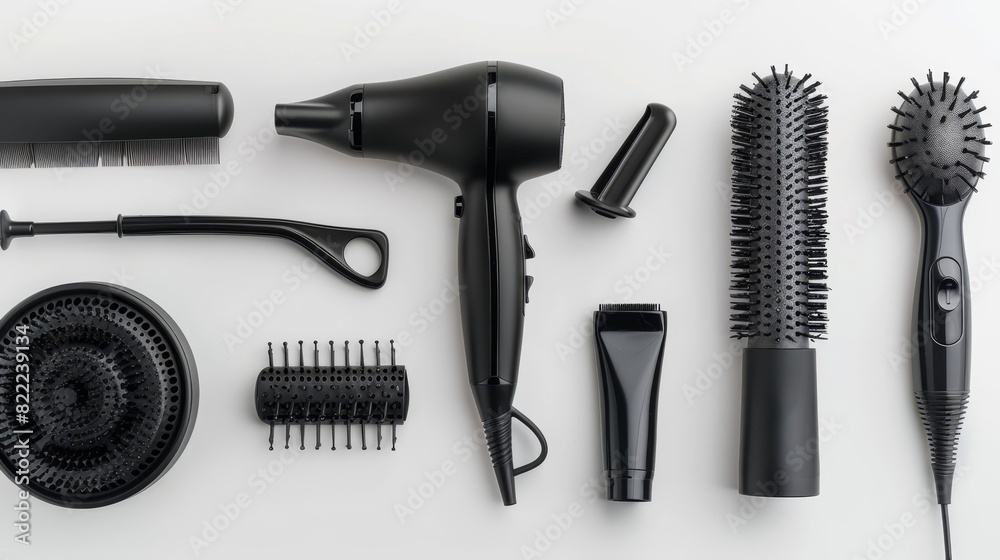 Advertising image of hair dryer with various attachments, isolated background, studio lighting showcasing concentrator nozzles, diffusers, and styling brushes Advertising image of hair dryer with various attachments, isolated background, studio lighting showcasing concentrator nozzles, diffusers, and styling brushes