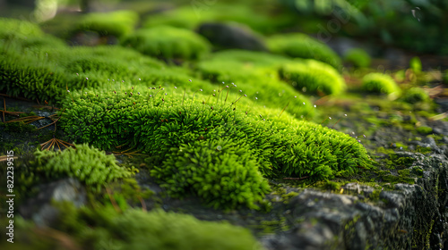 Lush green moss-covered rocks in forest