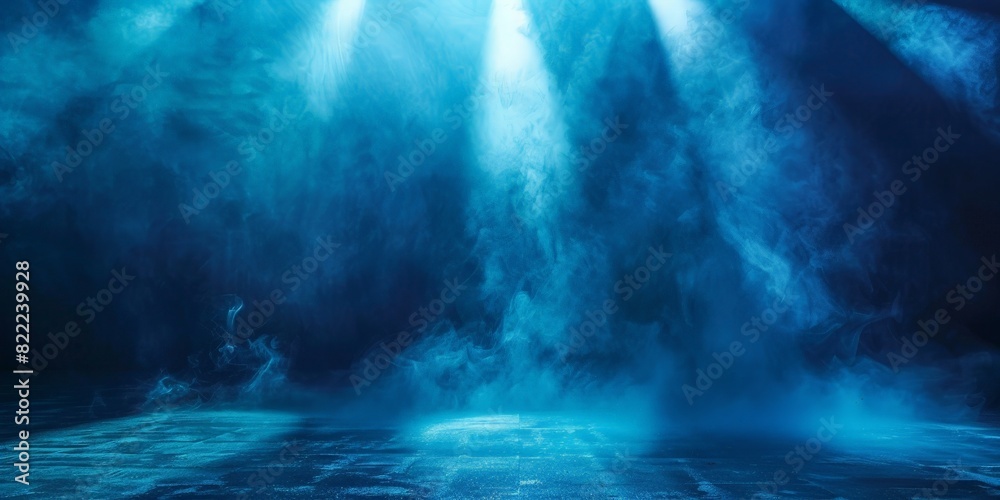 empty room with Dark blue background with smoke, empty stage for product presentation. Background of the floor studio room. empty dark stage dark blue abstract cement wall studio room with fog,