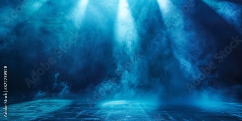 empty room with Dark blue background with smoke  empty stage for product presentation. Background of the floor studio room. empty dark stage dark blue abstract cement wall studio room with fog 