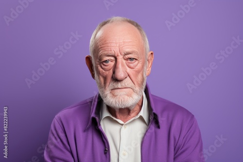 Lavender background sad european white man grandfather realistic person portrait older person beautiful bad mood old man Isolated on Background ethnic 