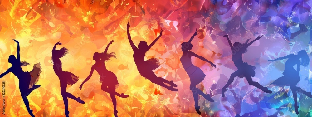 Obraz premium An energetic, dance-themed background with silhouettes of dancers in motion.