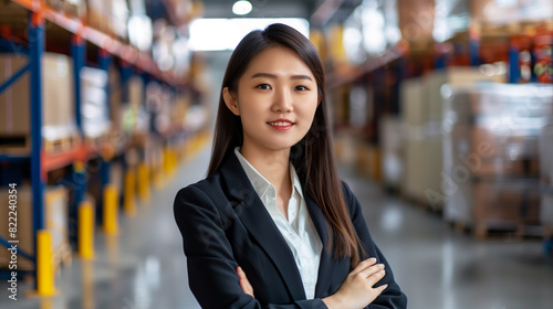 Portrait of confident young Asian woman in corporate attire coordinating warehouse operations  exemplifying efficiency and expertise in logistics management.