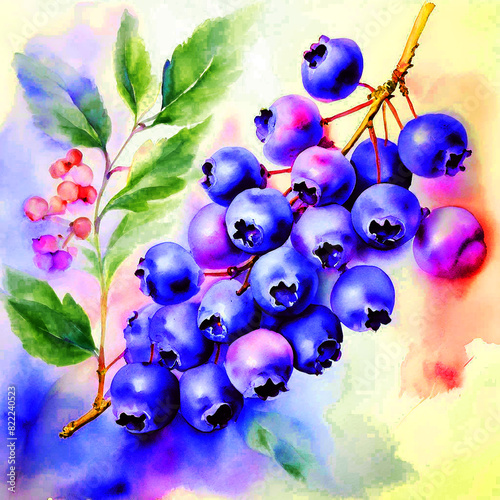 Colourful bloomy vibrant watercolour oil painting splash colour of blueberries Fruit