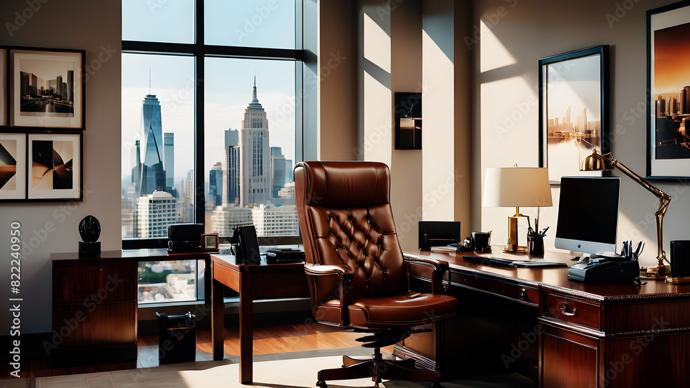An executive office setup with a large wooden desk, leather chair, and a view of the city through a floor-to-ceiling window. Executive chair, tidy desk with essential items, and art pieces on the wall An executive office setup with a large wooden desk, leather chair, and a view of the city through a floor-to-ceiling window. Executive chair, tidy desk with essential items, and art pieces on the wall