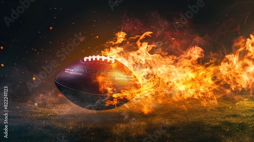 A vividly detailed image of a burning American football ball captured as it moves rapidly on a floodlit field, set against a black background to accentuate its fiery trajectory photo