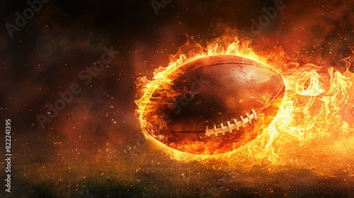 A dynamic depiction of an American football ball on fire, captured in action on a floodlit pitch, with a dark background highlighting the dramatic movement and intensity