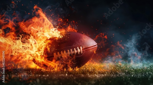 An intense photorealistic scene of an American football ball blazing with flames, captured in motion on a well-lit field with a black backdrop, emphasizing the power and speed photo