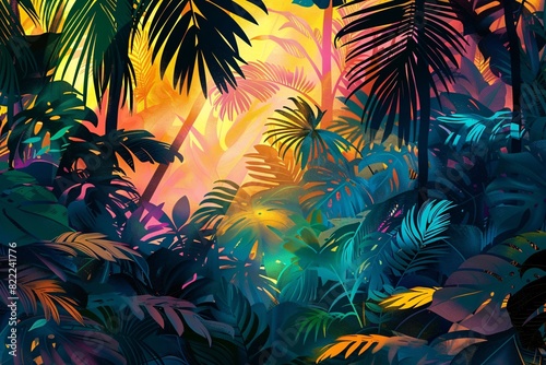 a colorful jungle with palm trees