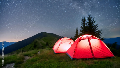 Abstract two iluminated tents under stars at mountains on Generative AI. photo