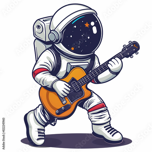 illustration of astronaut playing guitar, for clothing design, white background, stickers