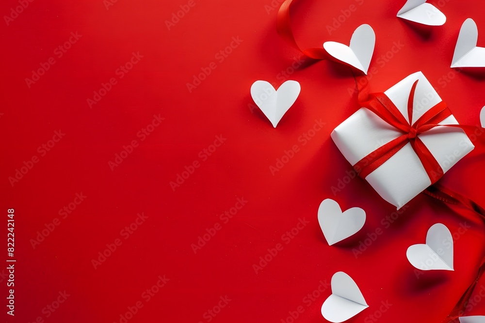 Valentine's Day background with white paper hearts and gift box Valentine's Day background with white paper hearts and gift box
