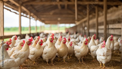 A group of white chickens standing in front of a barn.

