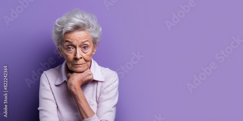 Lavender background sad European white Woman grandmother realistic person portrait of young beautiful bad mood expression Woman Isolated Background 