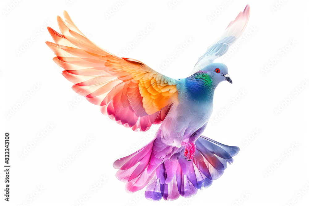 A vibrant dove with colorful wings in flight, isolated on a white background. A vibrant dove with colorful wings in flight, isolated on a white background.