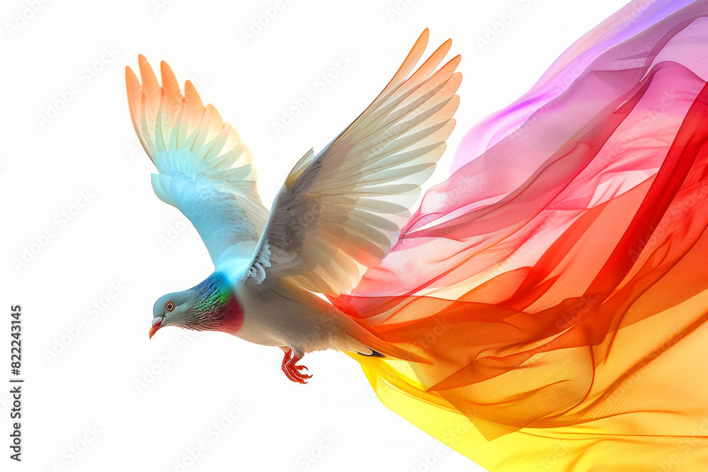 Fototapeta premium A white dove soars through a colorful swirl of fabric, symbolizing peace, hope, and unity.