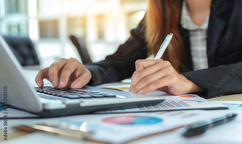 Businesswoman using a calculator and taking notes in a notebook while working on a laptop, focusing on financial reporting and budget planning Businesswoman using a calculator and taking notes in a notebook while working on a laptop, focusing on financial reporting and budget planning