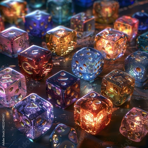Visualize a collection of beautifully crafted dice in various shapes and colors, each sparkling under the light as they are rolled