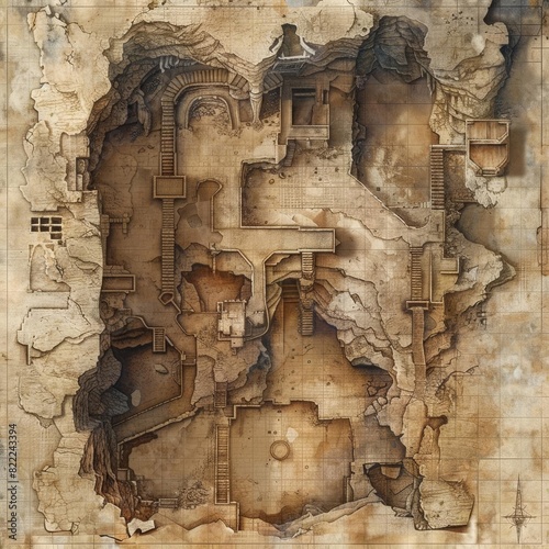 Visualize a detailed map of an ancient, crumbling castle with hidden passages, secret rooms, and eerie corridors