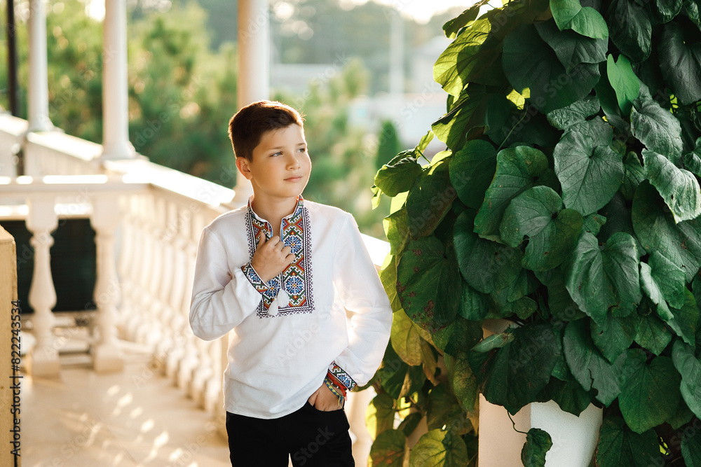 Young teenager in an embroidered shirt posing in a summer park