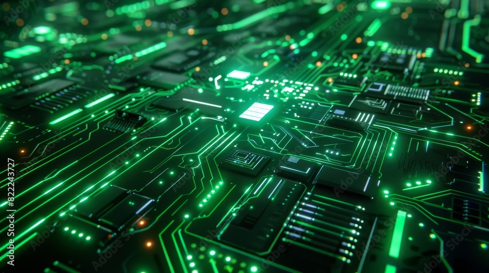 Glowing circuit board with integrated chips and futuristic green lights Glowing circuit board with integrated chips and futuristic green lights