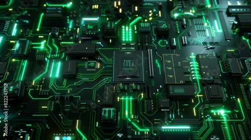 Futuristic green circuit board with microchip technology detail