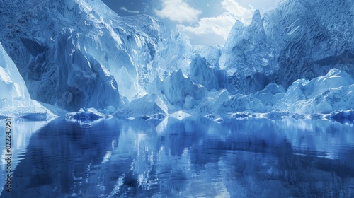 Surreal blue iceberg landscape with reflective water surface