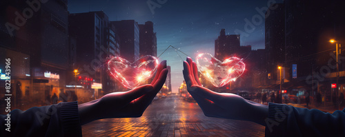 View of man and woman hands which holding little hearts at the night city street. photo