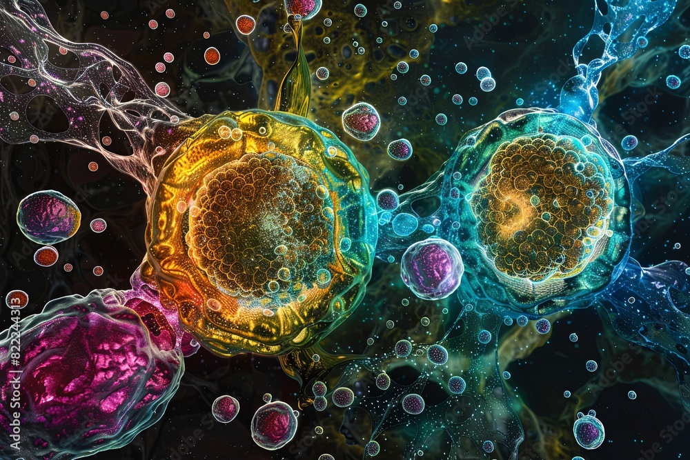 Cell division process seen under a microscope. Realistic cellular replication. Cell division process seen under a microscope. Realistic cellular replication.