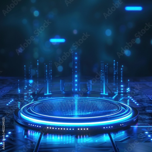 A futuristic stage with neon lights, a circular platform, and a sparkling background. Perfect for product displays or abstract backgrounds.