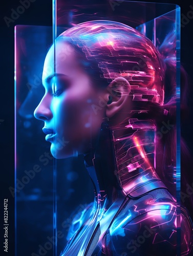 Futuristic concept of a human merged with AI, showcasing neon lights and cybernetic elements in a high-tech setting.