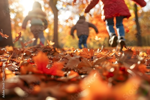Children running and playing in an autumn park.  