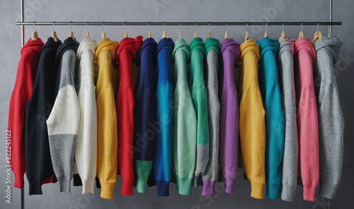 Photography Stack of Sweaters and Hoodies Hanging on Hangers