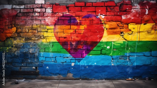 Colorful graffiti on a brick wall showcasing a heart with a rainbow background  symbolizing love and diversity.