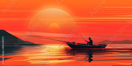 Fisherman Looking for Fish from a Boat Silhouette at Sunset. Angler Silhouette at Dusk Abstract Illustration.