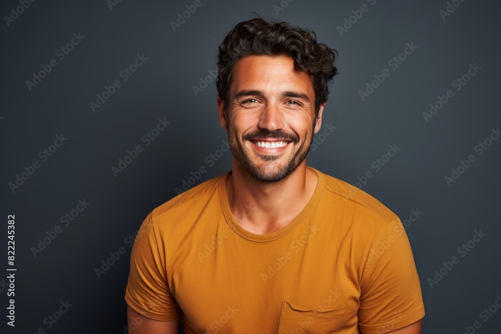 Portrait of a cheerful man in his 30s smiling at the camera while standing against blank studio backdrop Portrait of a cheerful man in his 30s smiling at the camera while standing against blank studio backdrop