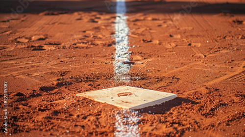 A high-angle shot of a freshly lined softball diamond, focusing on third base with the baseline leading off into an expansive area of copy space. photo