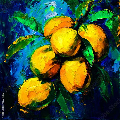 Colourful-impasto-knife-oil-painting-splash-colour-of-mangoes-Fruit