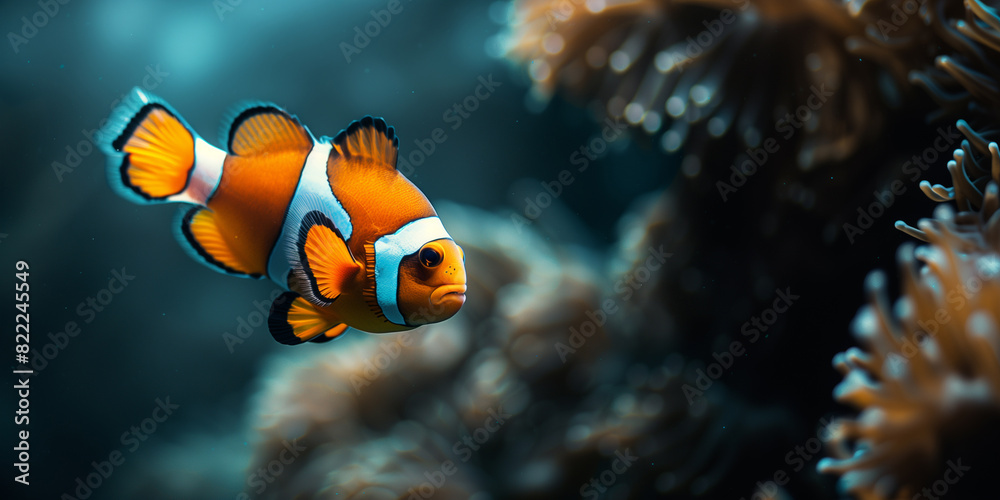 the clownfish swimming underwater, clear ocean water seabed, copy space for text the clownfish swimming underwater, clear ocean water seabed, copy space for text