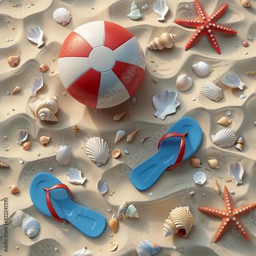 Cute 3D graphic of a playful scene with a beach ball, flipflops, and seashells scattered on the sand